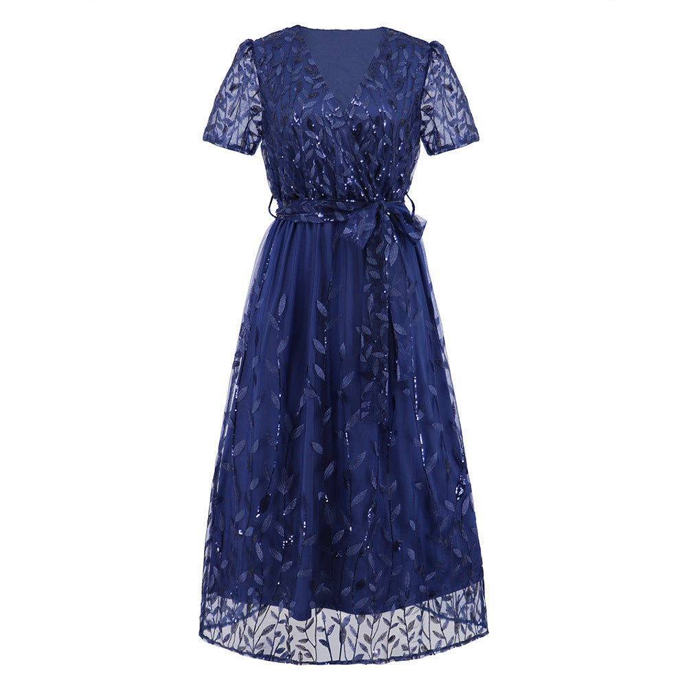 Out-Shine | Short Sleeve Cross V Neck Belt Midi Dress