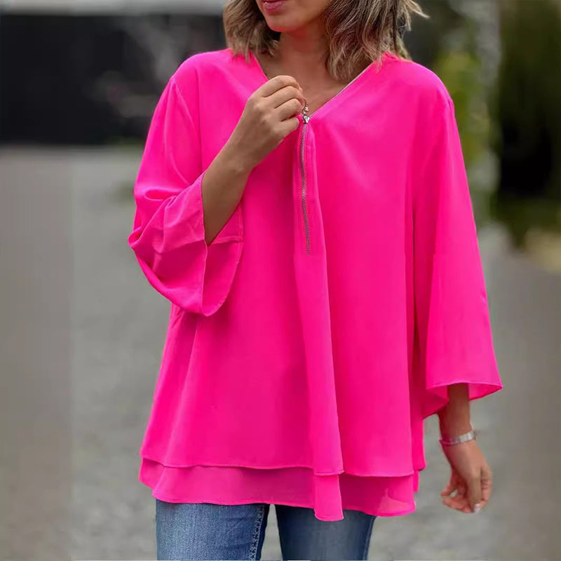 Out-Shine | Chiffon zipper top with V-neck