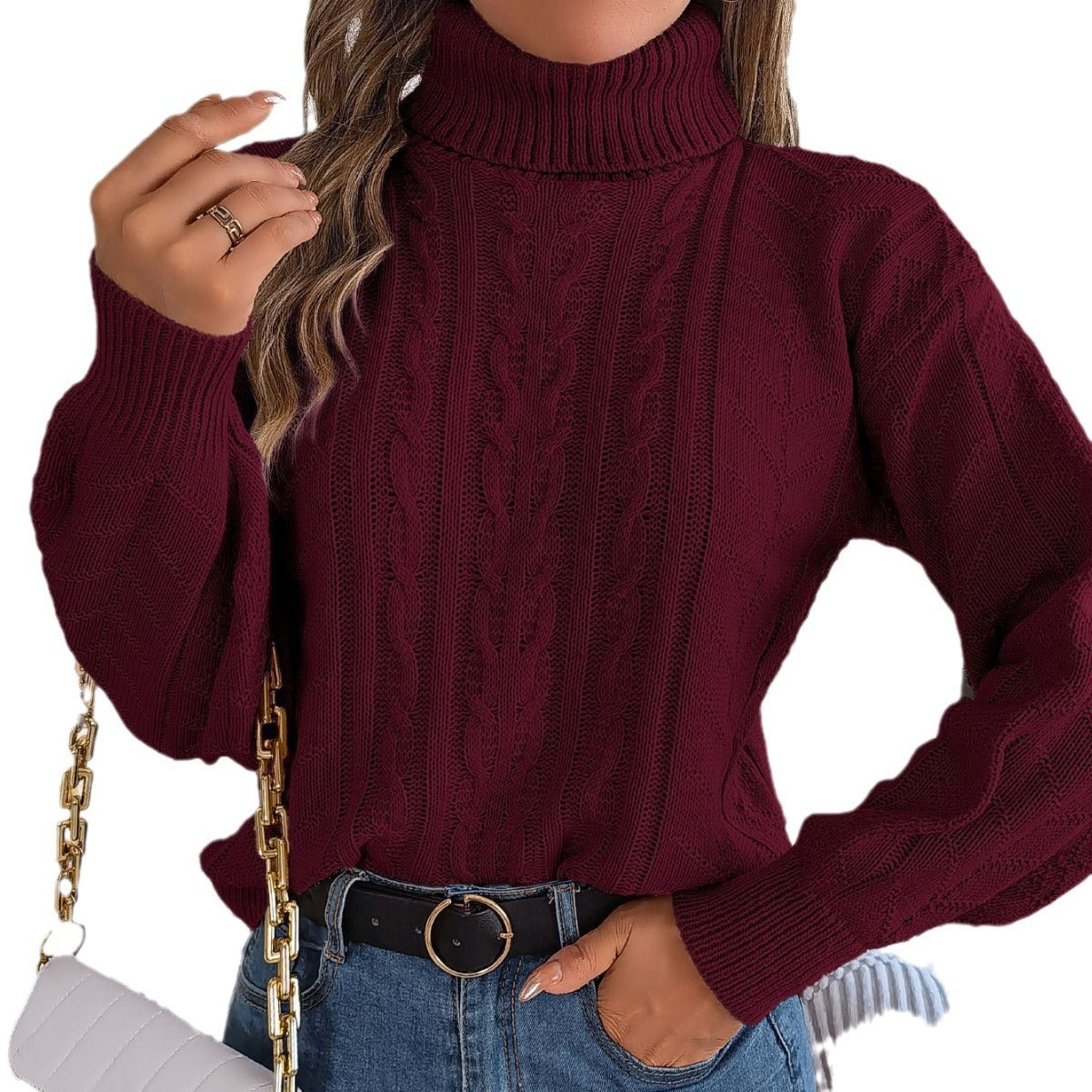 Out-Shine | High Collar Twist Knit Long Sleeve Pullover Sweater