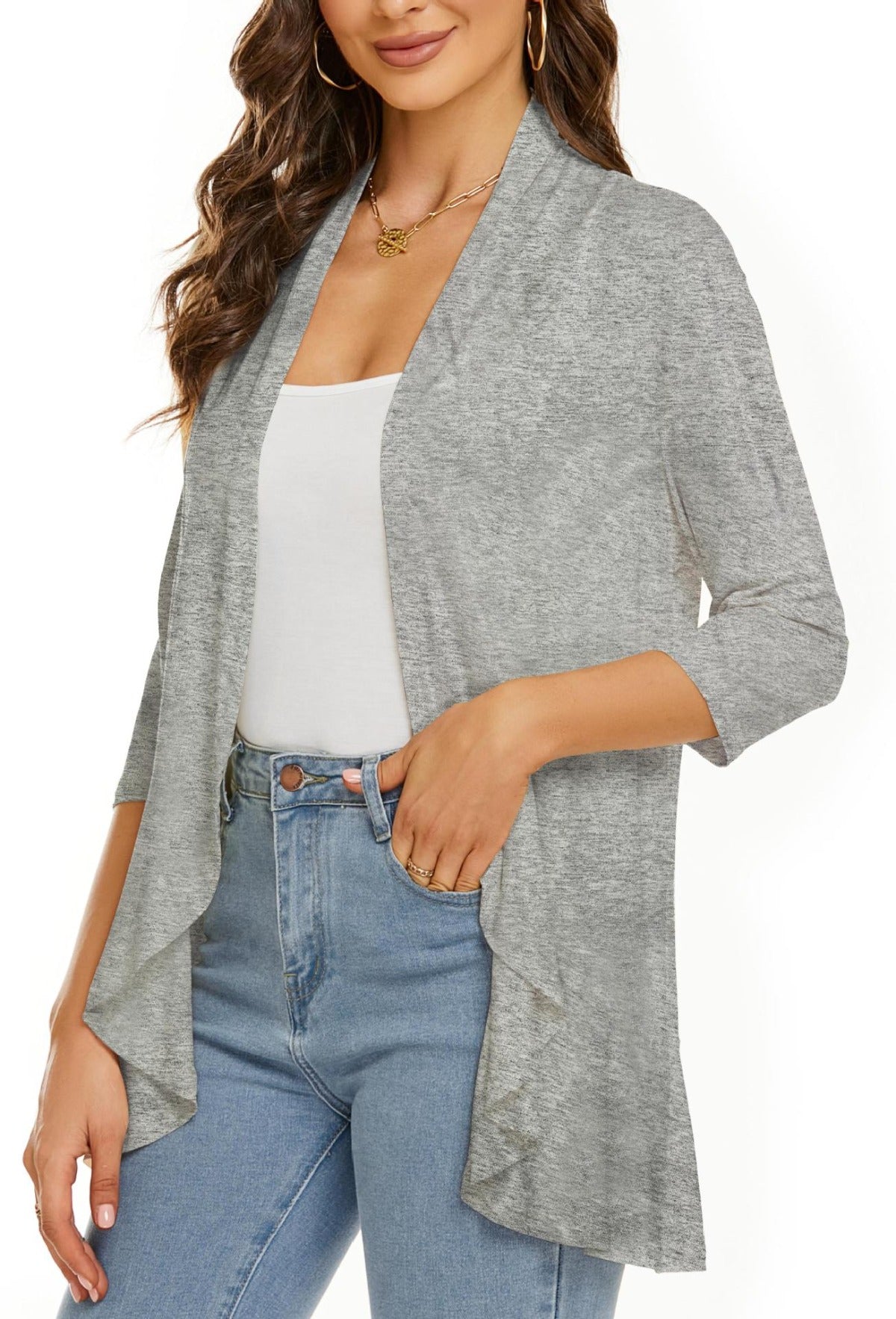 Out-Shine | Single color cardigan with seven quarter sleeves and ruffle border