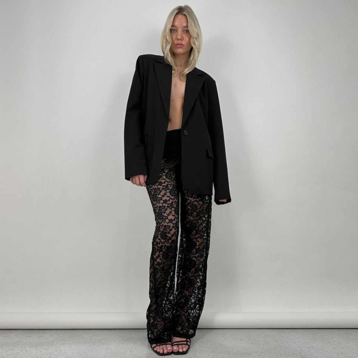 Out-Shine | Lace perspective high waist splice long straight pants