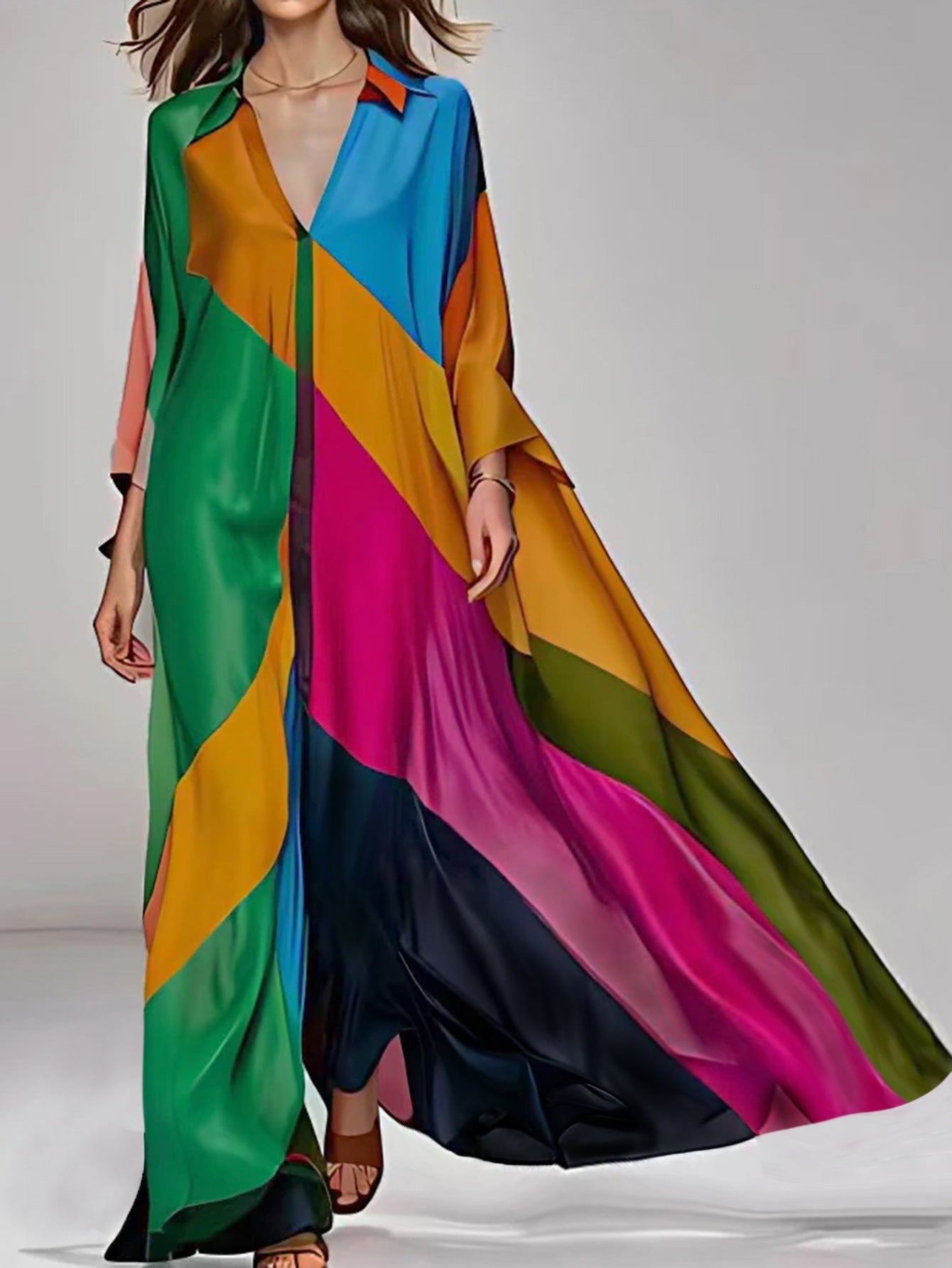 Out-Shine | Printed V-Neck Long Dress Elegant And Flowing Design