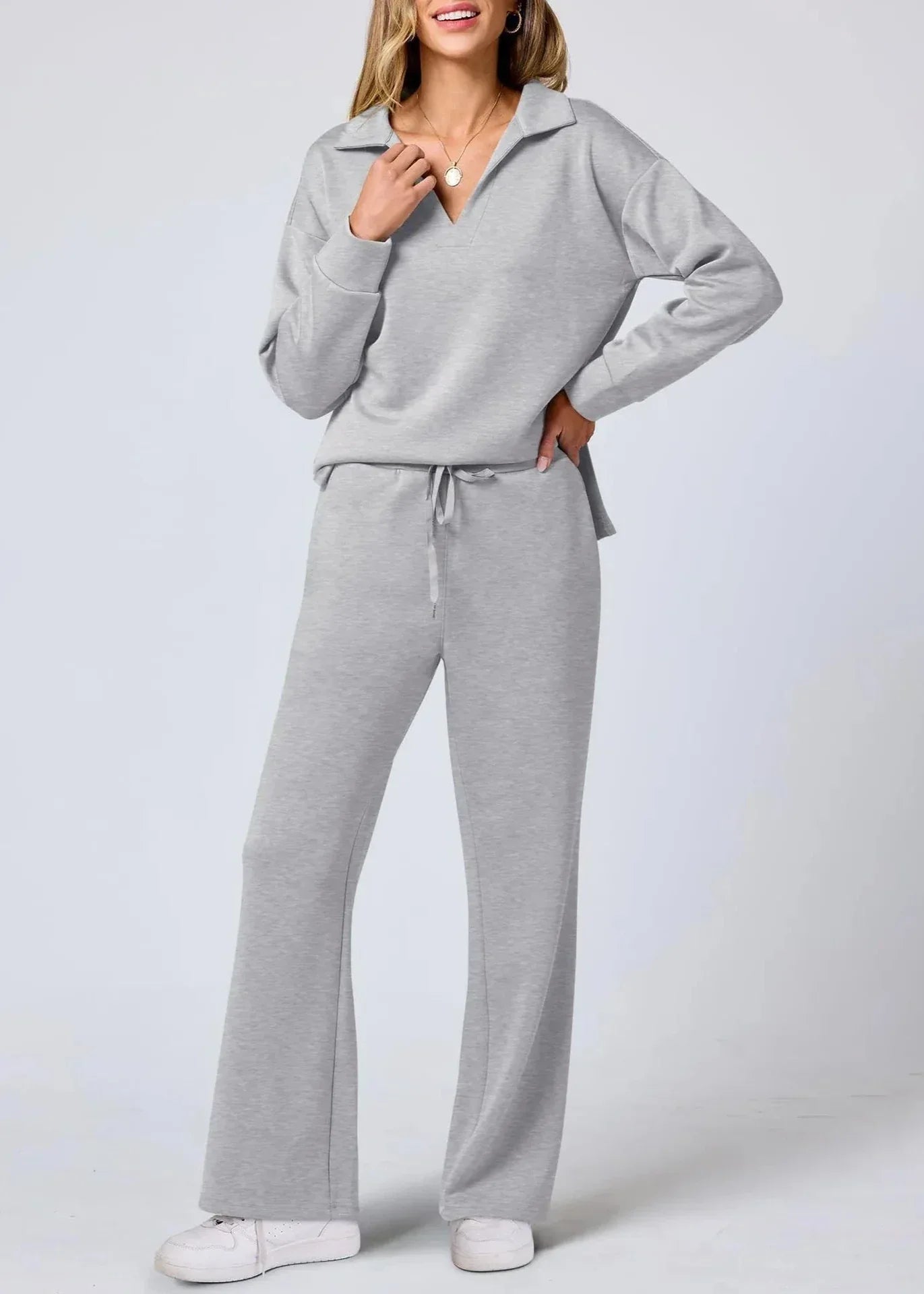 Out-Shine | Collar Pullover & Wide-Leg Pants Set