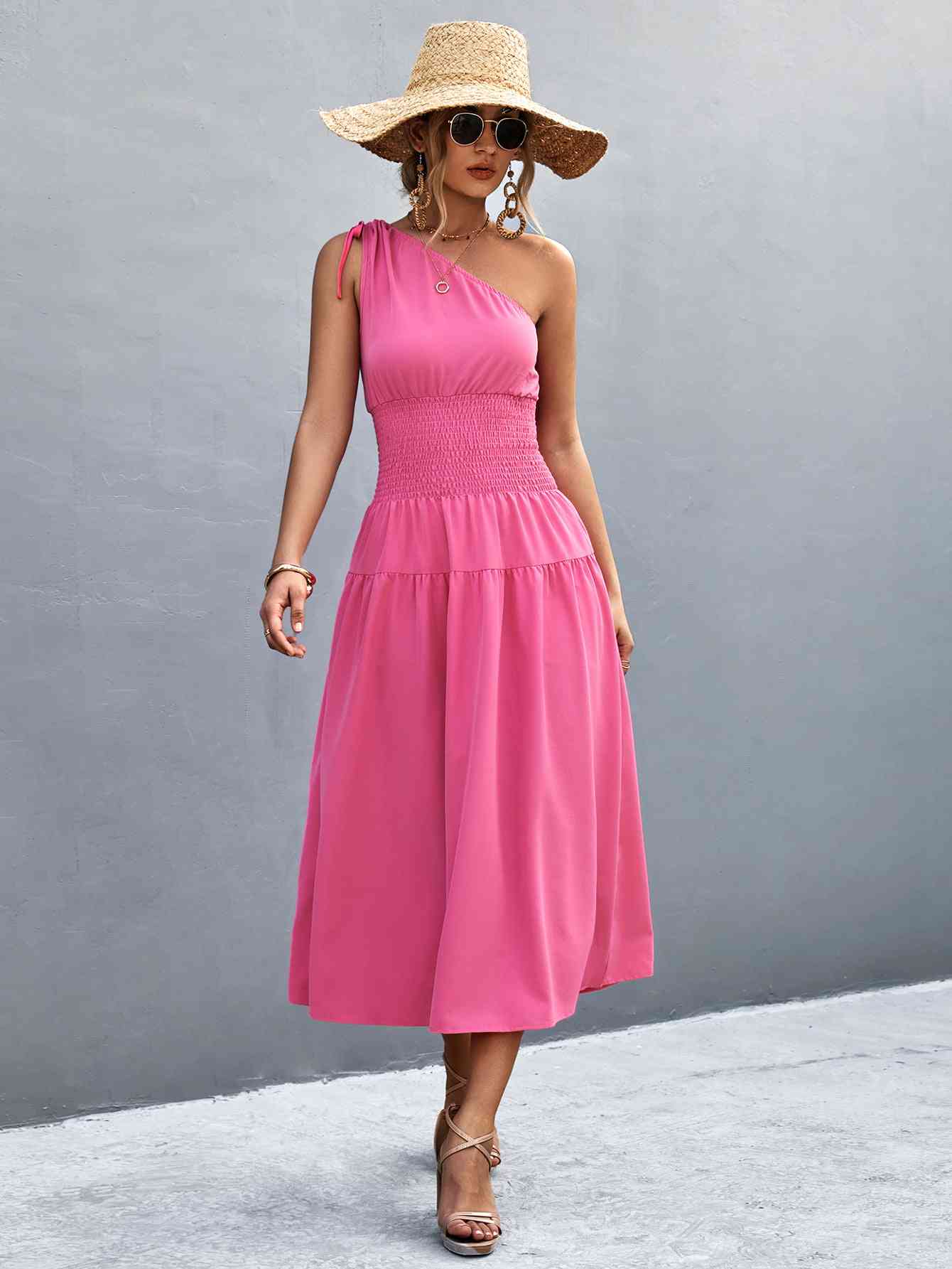 Out-Shine | Asymmetrical One Shoulder Smocked Waist Midi Dress