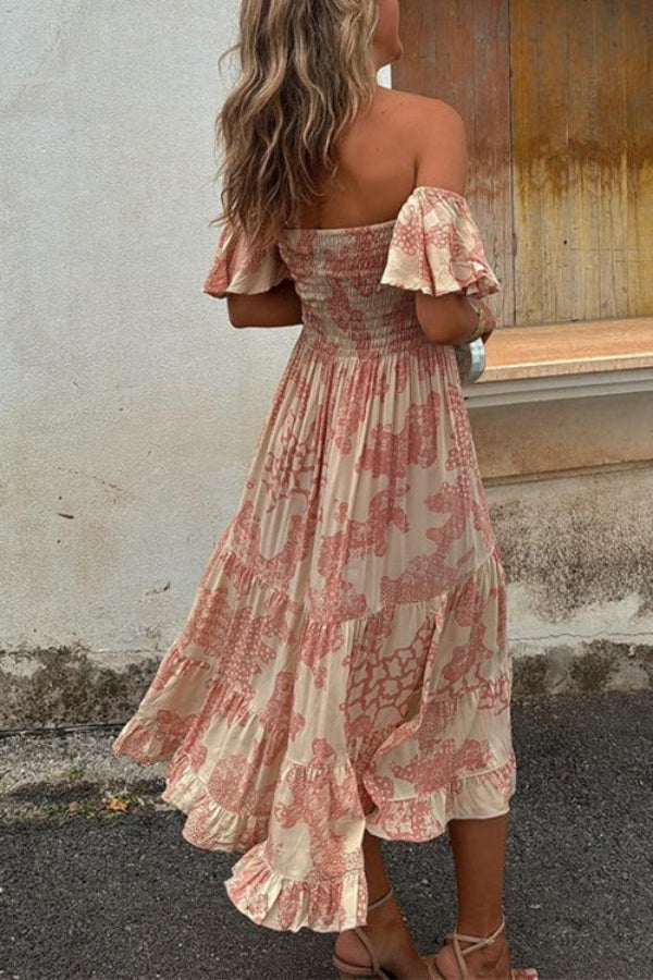 Out-Shine | Unique Print Off Shoulder Smocked Ruffle Sleeve Layered Midi Dress