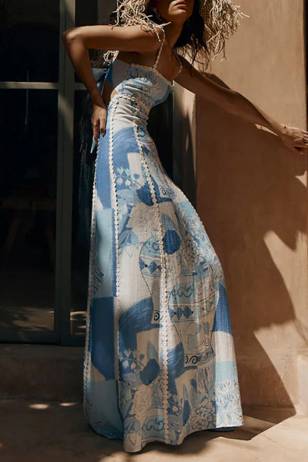 Deslumbra | Vestido largo acampanado con espalda estampada y lazo 