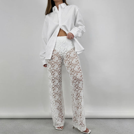 Out-Shine | Lace perspective high waist splice long straight pants