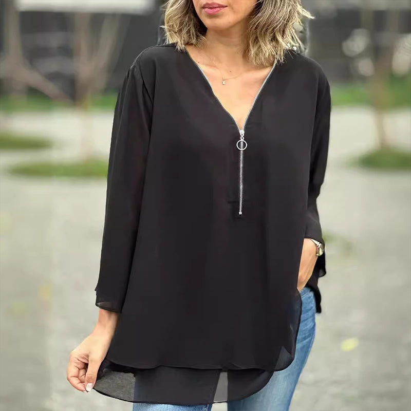 Out-Shine | Chiffon zipper top with V-neck