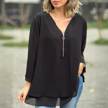 Out-Shine | Chiffon zipper top with V-neck