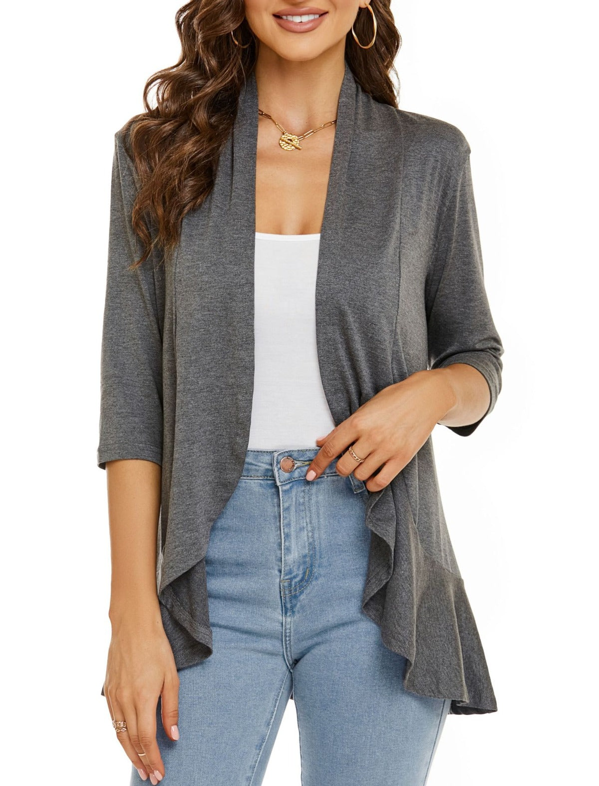 Out-Shine | Single color cardigan with seven quarter sleeves and ruffle border