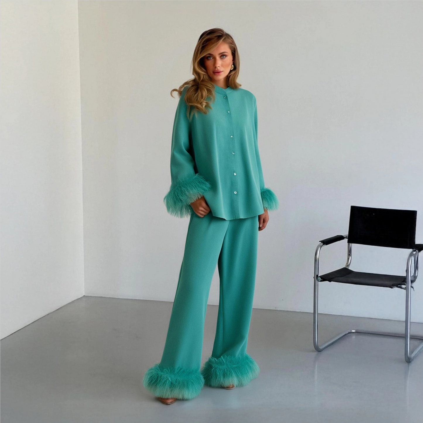Out-Shine | Feather standing collar long sleeve top and pants set