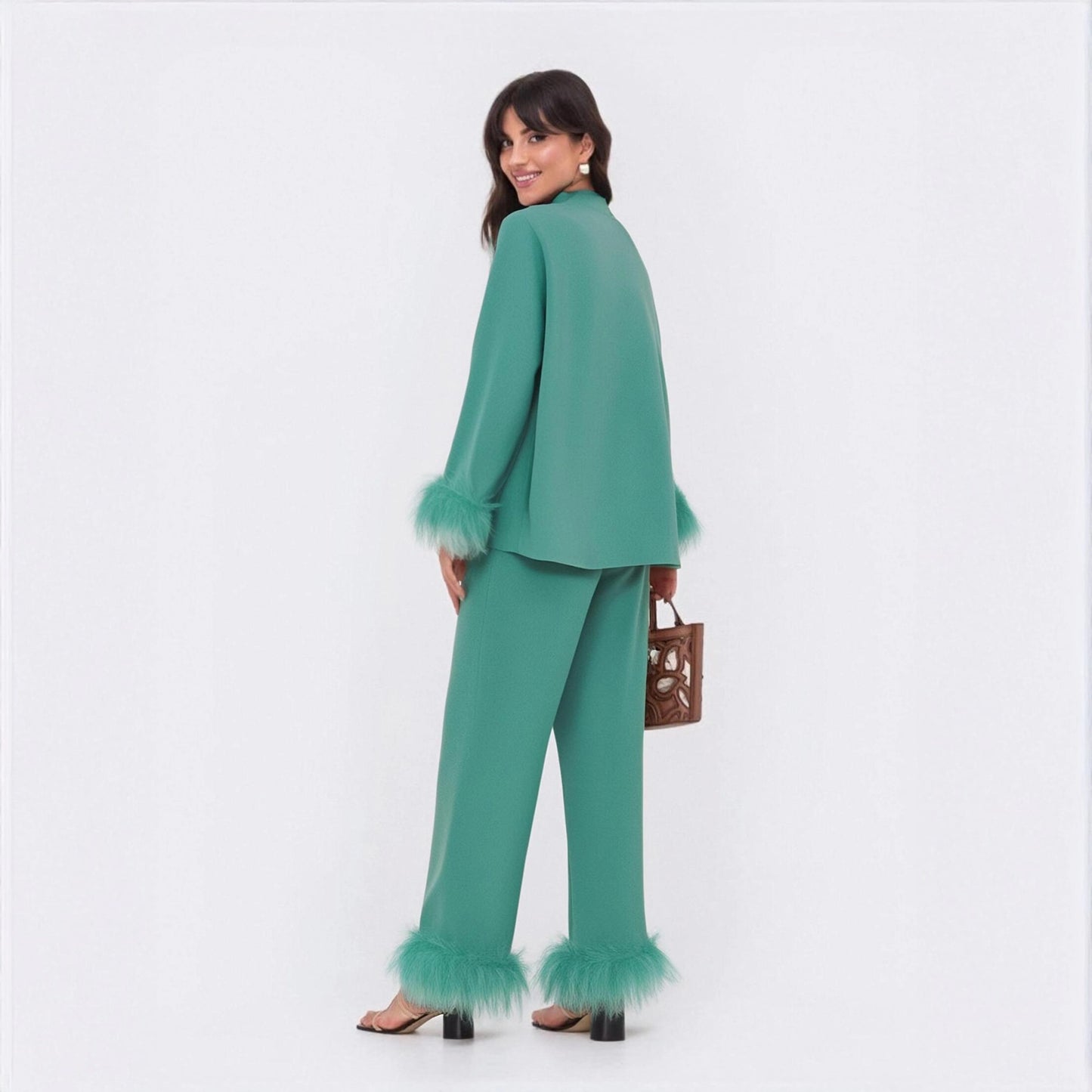 Out-Shine | Feather standing collar long sleeve top and pants set