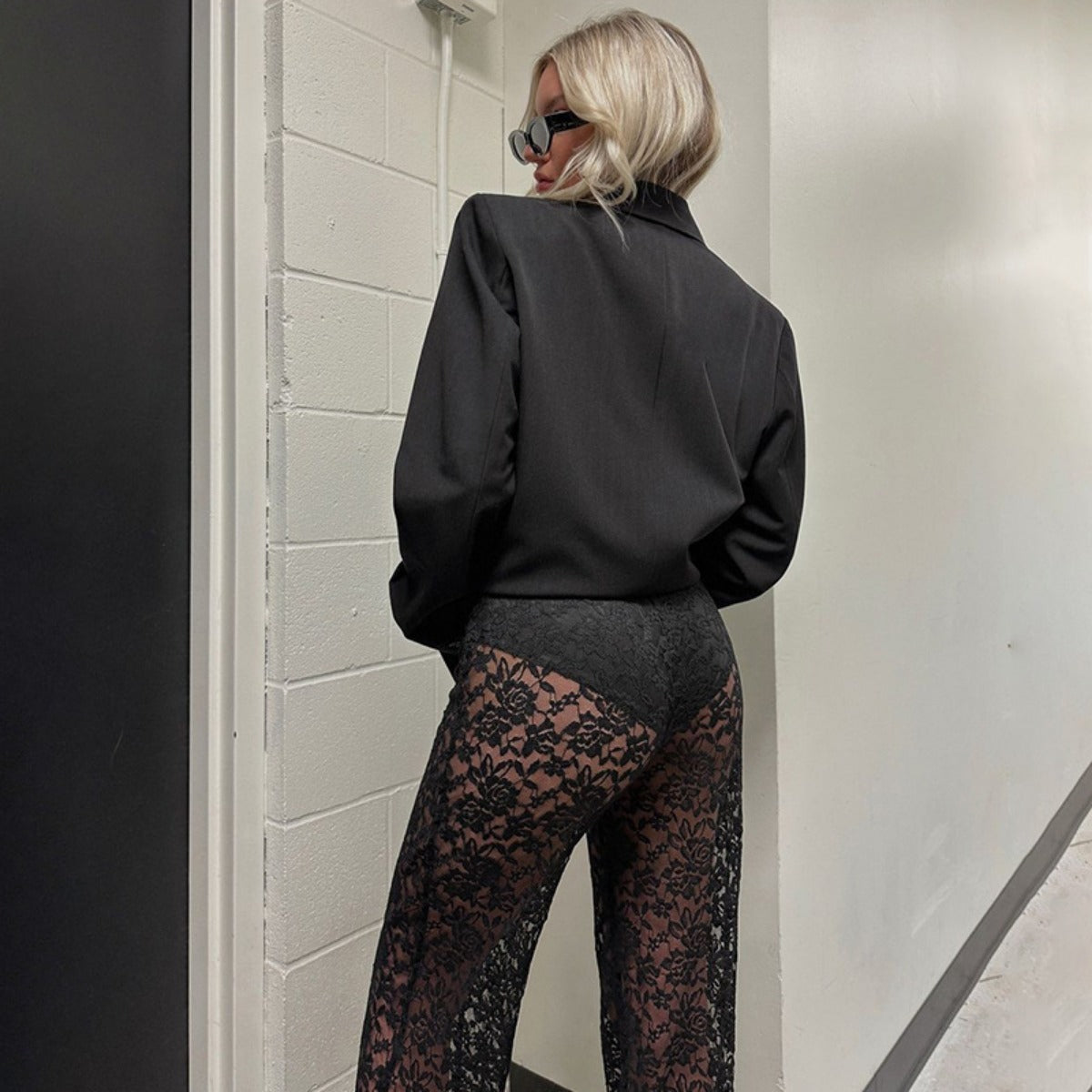Out-Shine | Lace perspective high waist splice long straight pants