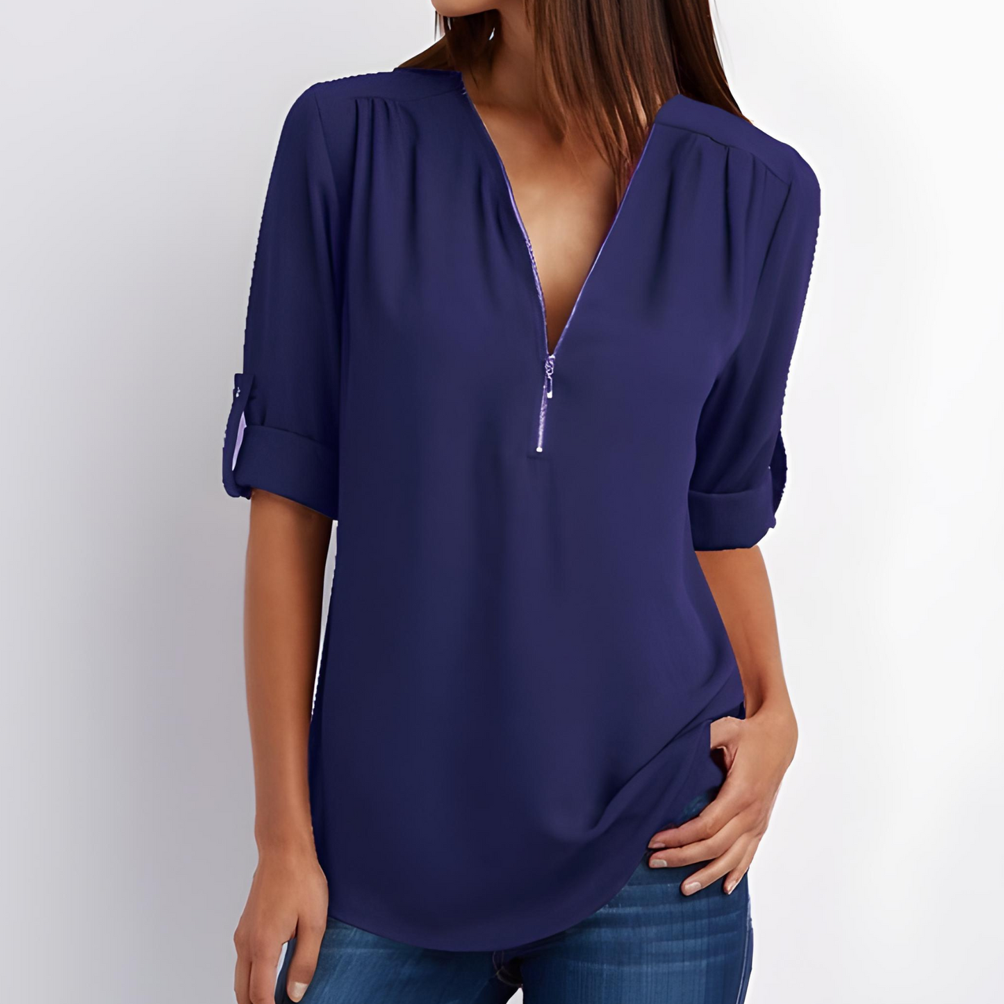 Deslumbra | Blusa elegante con cremallera y cuello en V 