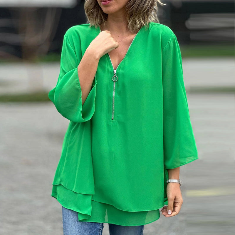 Out-Shine | Chiffon zipper top with V-neck