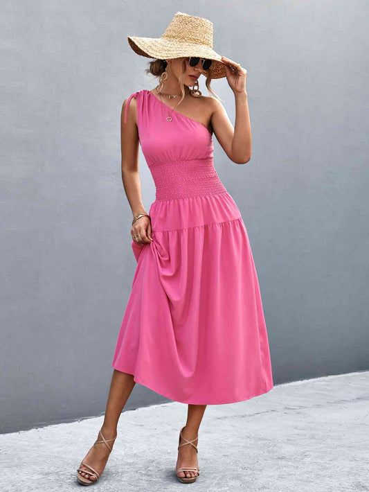 Out-Shine | Asymmetrical One Shoulder Smocked Waist Midi Dress