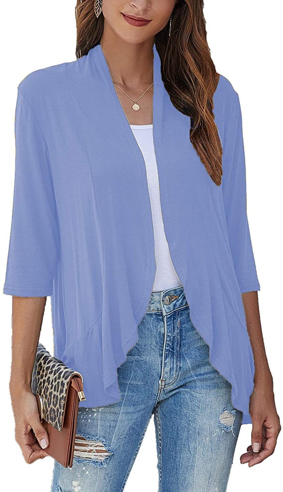 Out-Shine | Single color cardigan with seven quarter sleeves and ruffle border