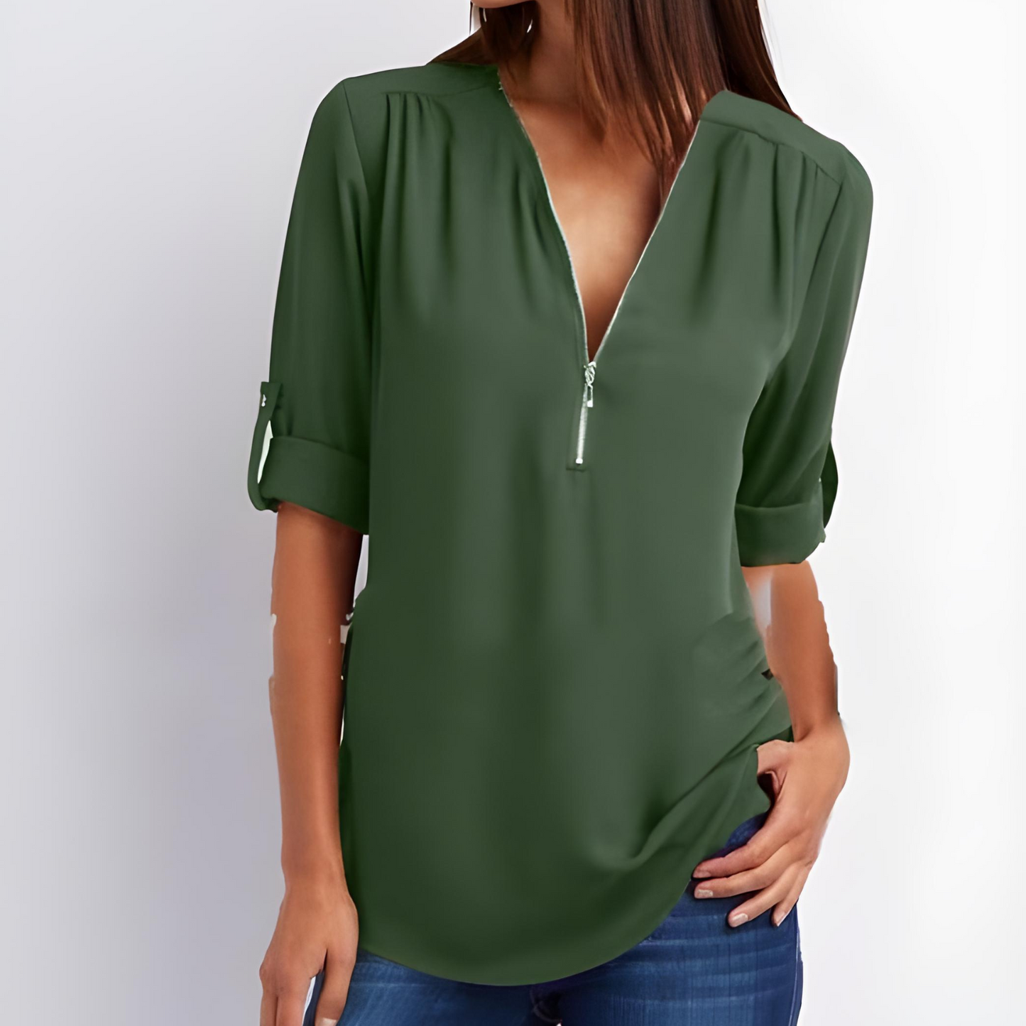 Deslumbra | Blusa elegante con cremallera y cuello en V 