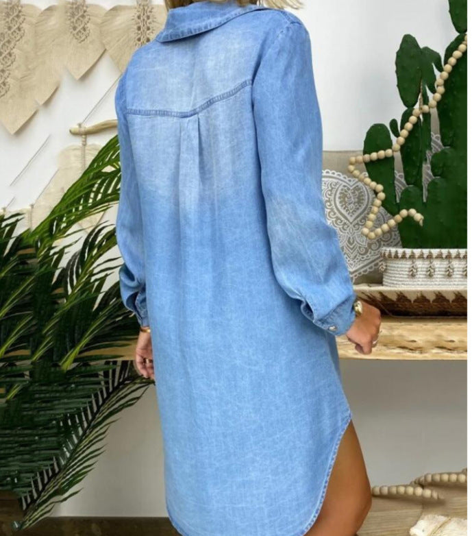 Out-Shine | Solid Color Single-Breasted Long Sleeve Denim Dress