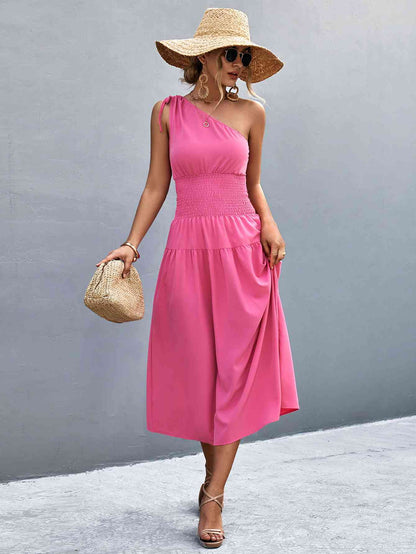 Out-Shine | Asymmetrical One Shoulder Smocked Waist Midi Dress