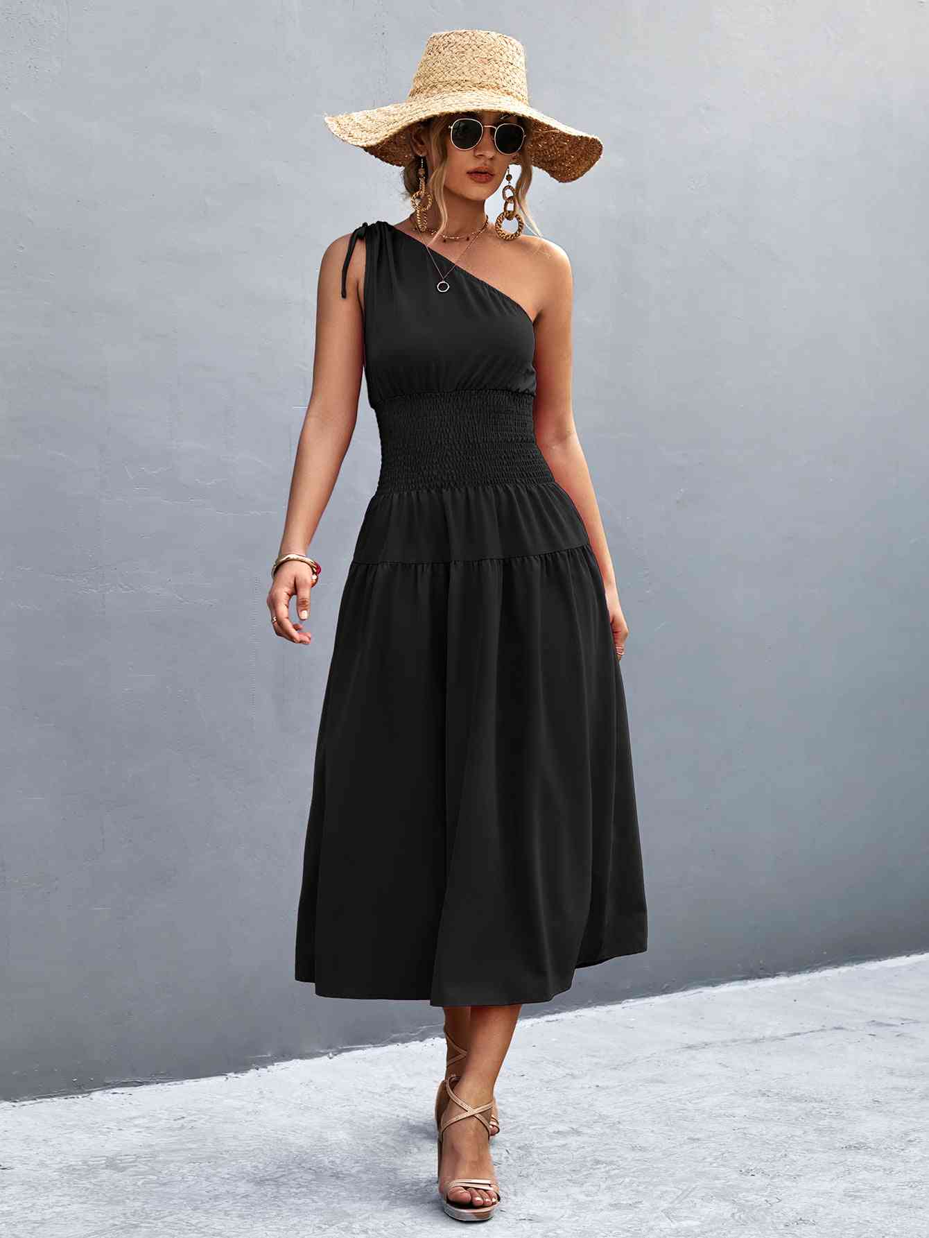 Out-Shine | Asymmetrical One Shoulder Smocked Waist Midi Dress