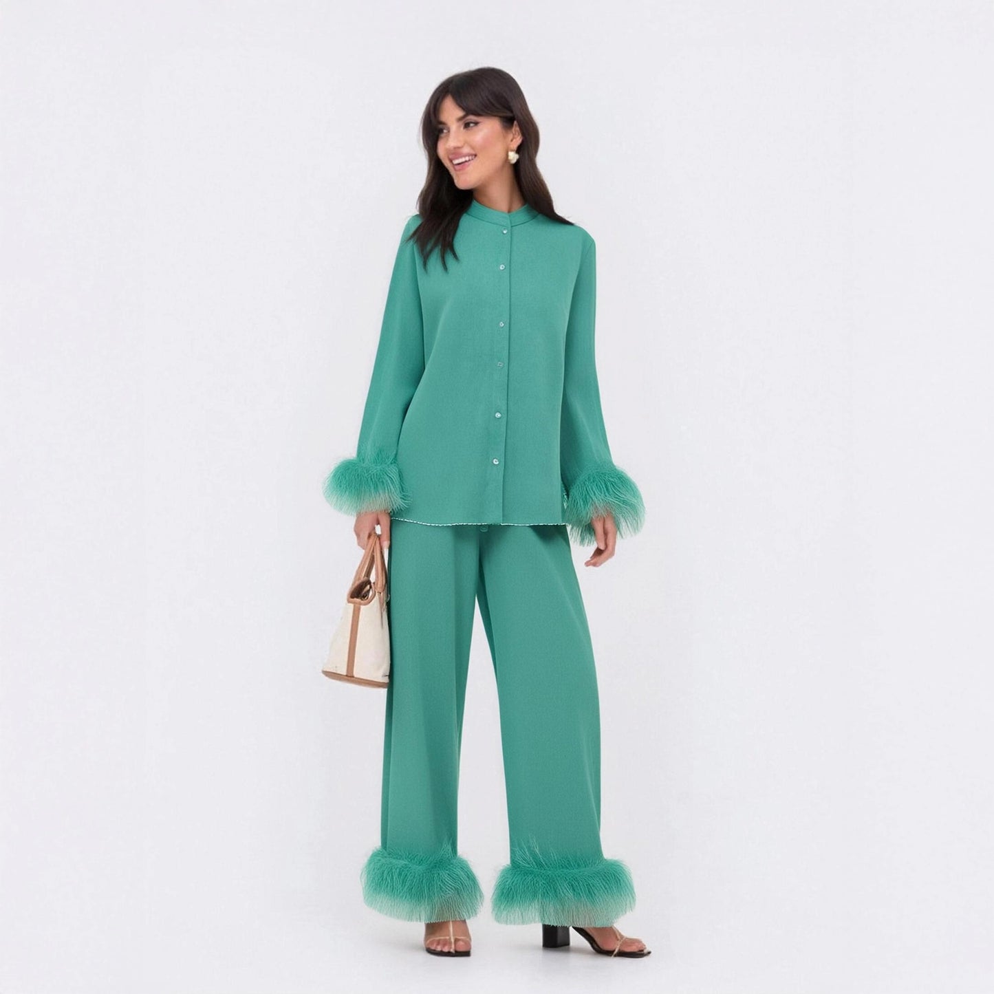 Out-Shine | Feather standing collar long sleeve top and pants set