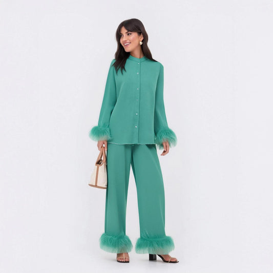 Out-Shine | Feather standing collar long sleeve top and pants set