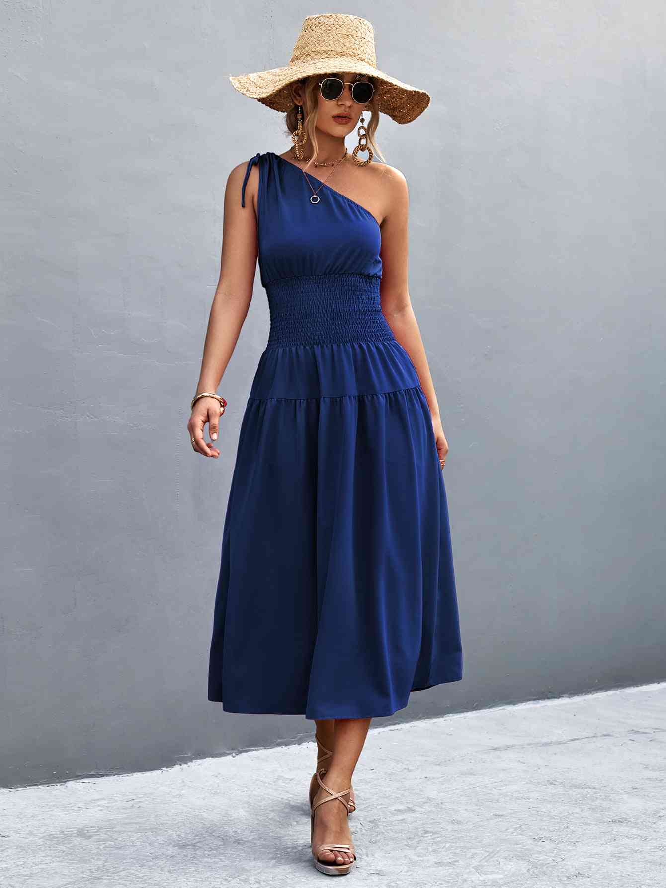 Out-Shine | Asymmetrical One Shoulder Smocked Waist Midi Dress