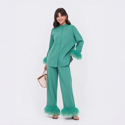 Out-Shine | Feather standing collar long sleeve top and pants set