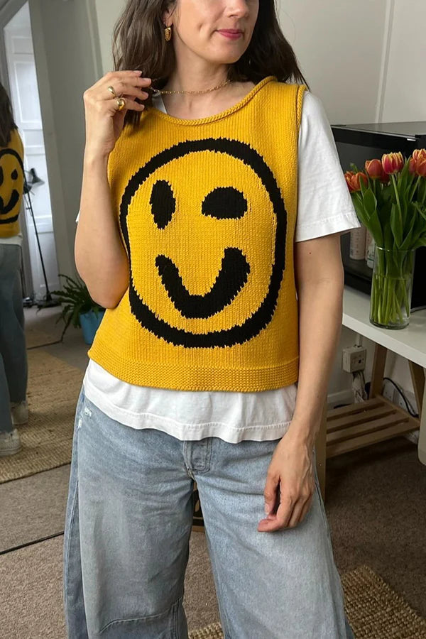 Out-Shine | Happy Face Knit Unique Pattern Versatile Loose Tank Top
