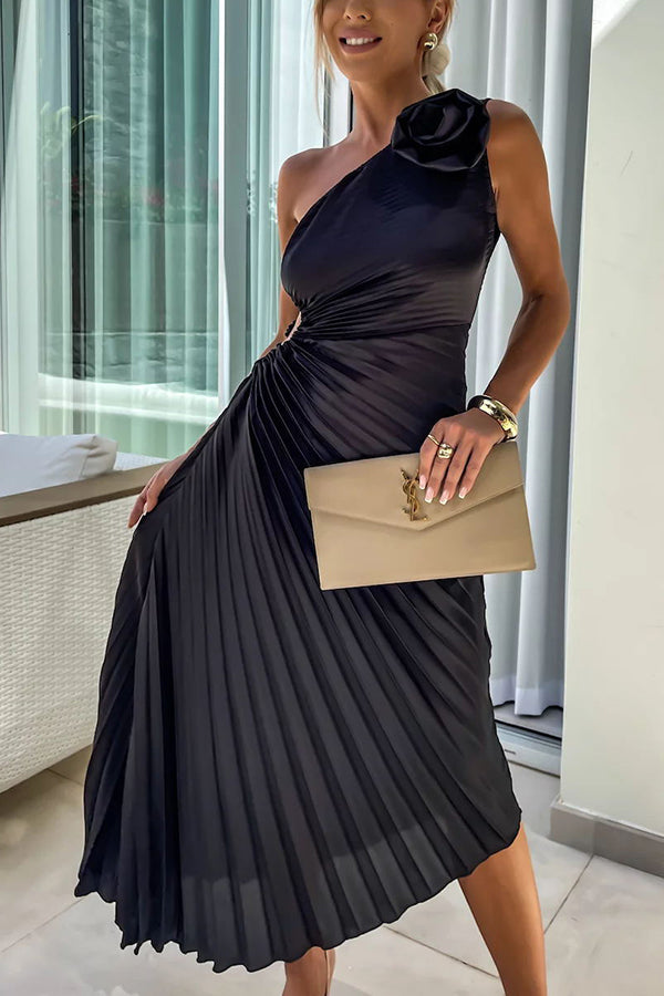 Deslumbra | Vestido largo plisado de satén con flores en relieve, elástico y un solo hombro