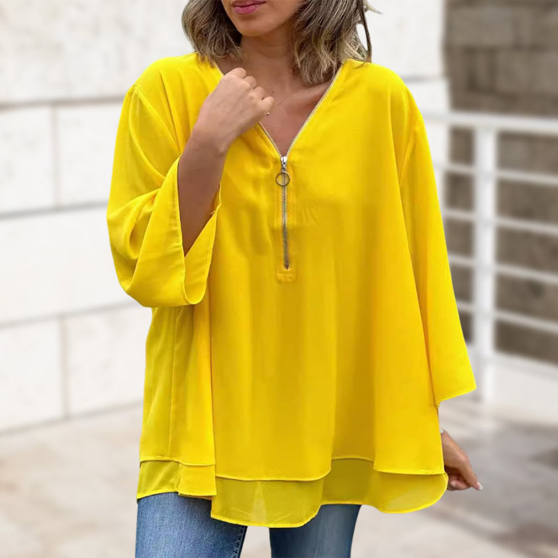 Out-Shine | Chiffon zipper top with V-neck