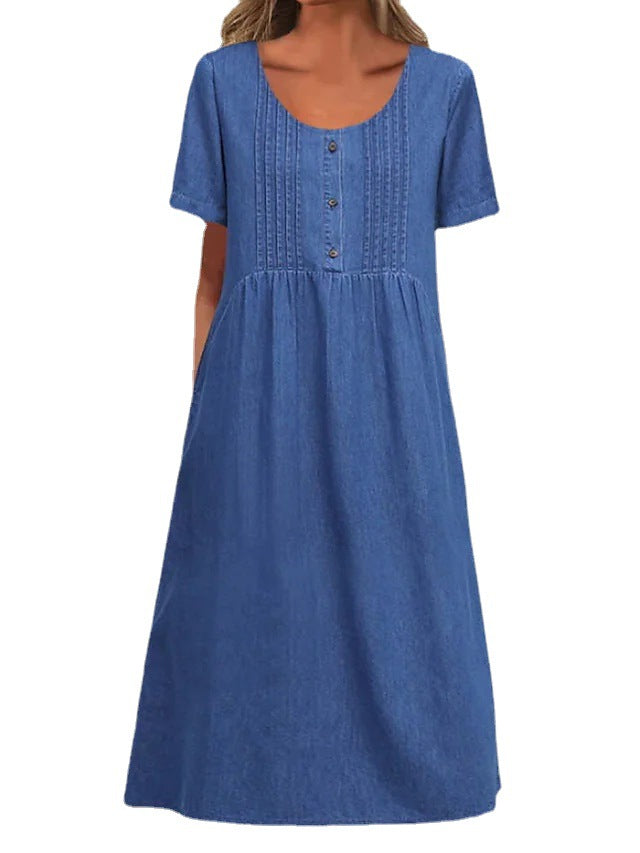 Out-Shine | Shaped Collar Mid-Length Elegant Denim Short Sleeve Dress