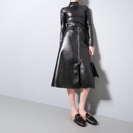 Out-Shine | Black leather sweater with high collar