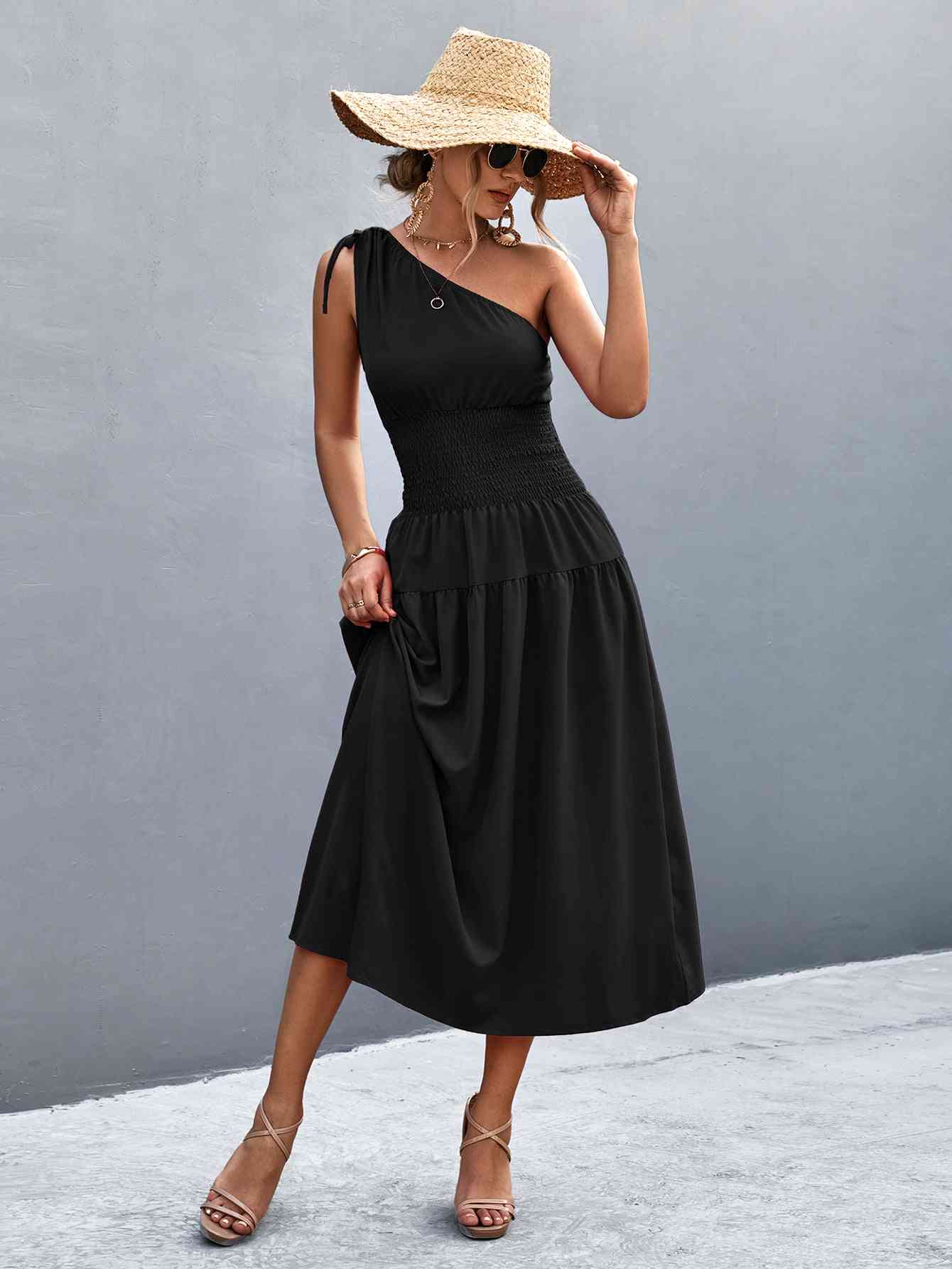 Out-Shine | Asymmetrical One Shoulder Smocked Waist Midi Dress