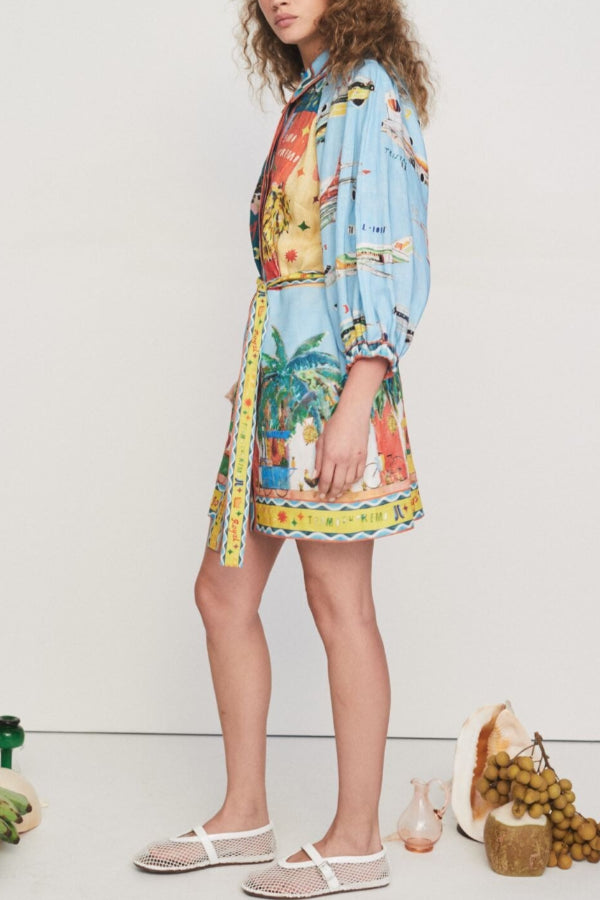 Out-Shine | Blend Unique Print Balloon Sleeve Belted Pocket Shirt Mini Dress