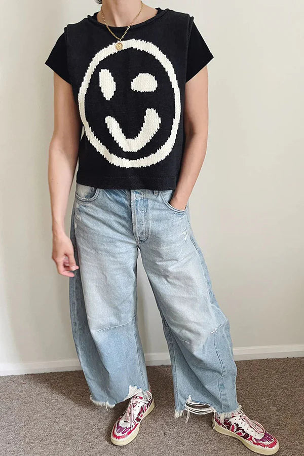 Out-Shine | Happy Face Knit Unique Pattern Versatile Loose Tank Top