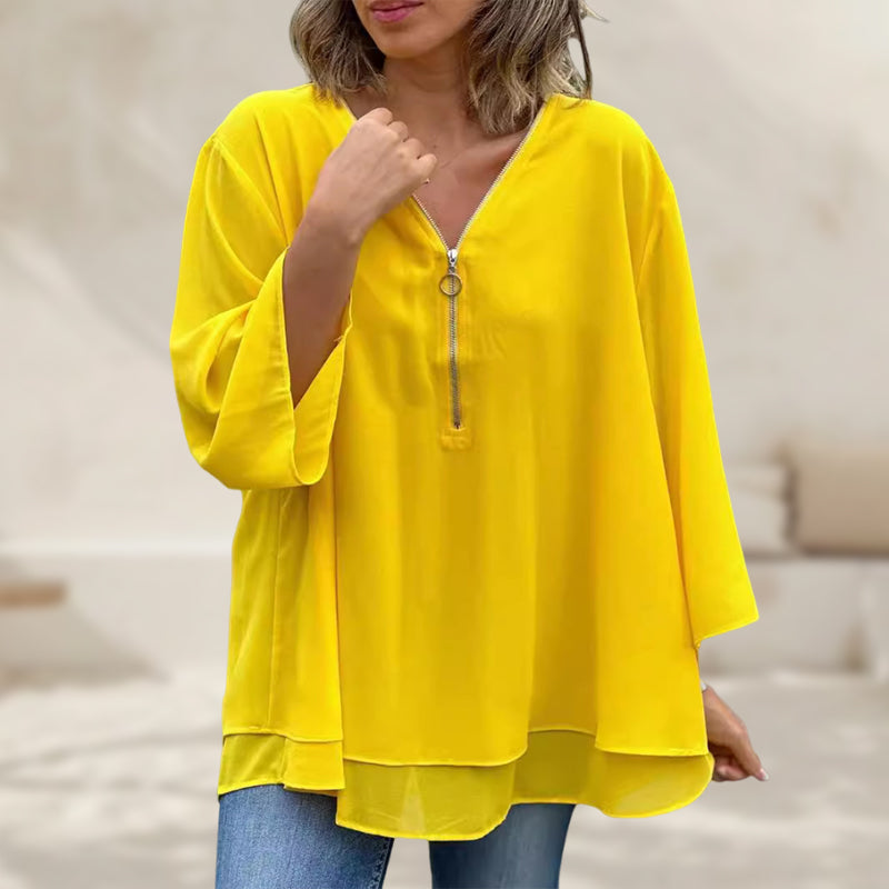 Out-Shine | Chiffon zipper top with V-neck