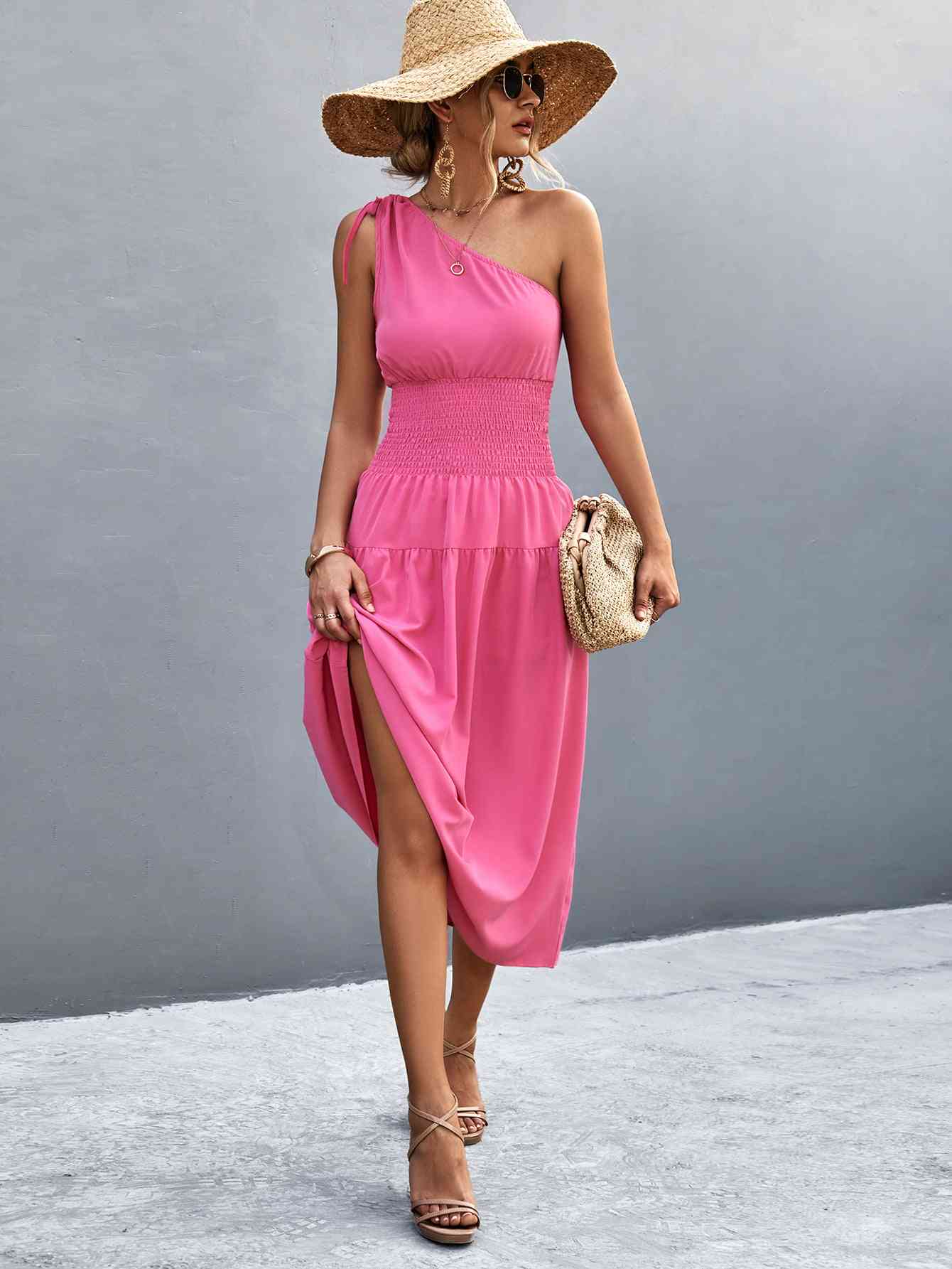 Out-Shine | Asymmetrical One Shoulder Smocked Waist Midi Dress