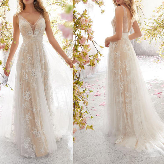 Out-Shine | V-Neck Sleeveless Lace Wedding Dress