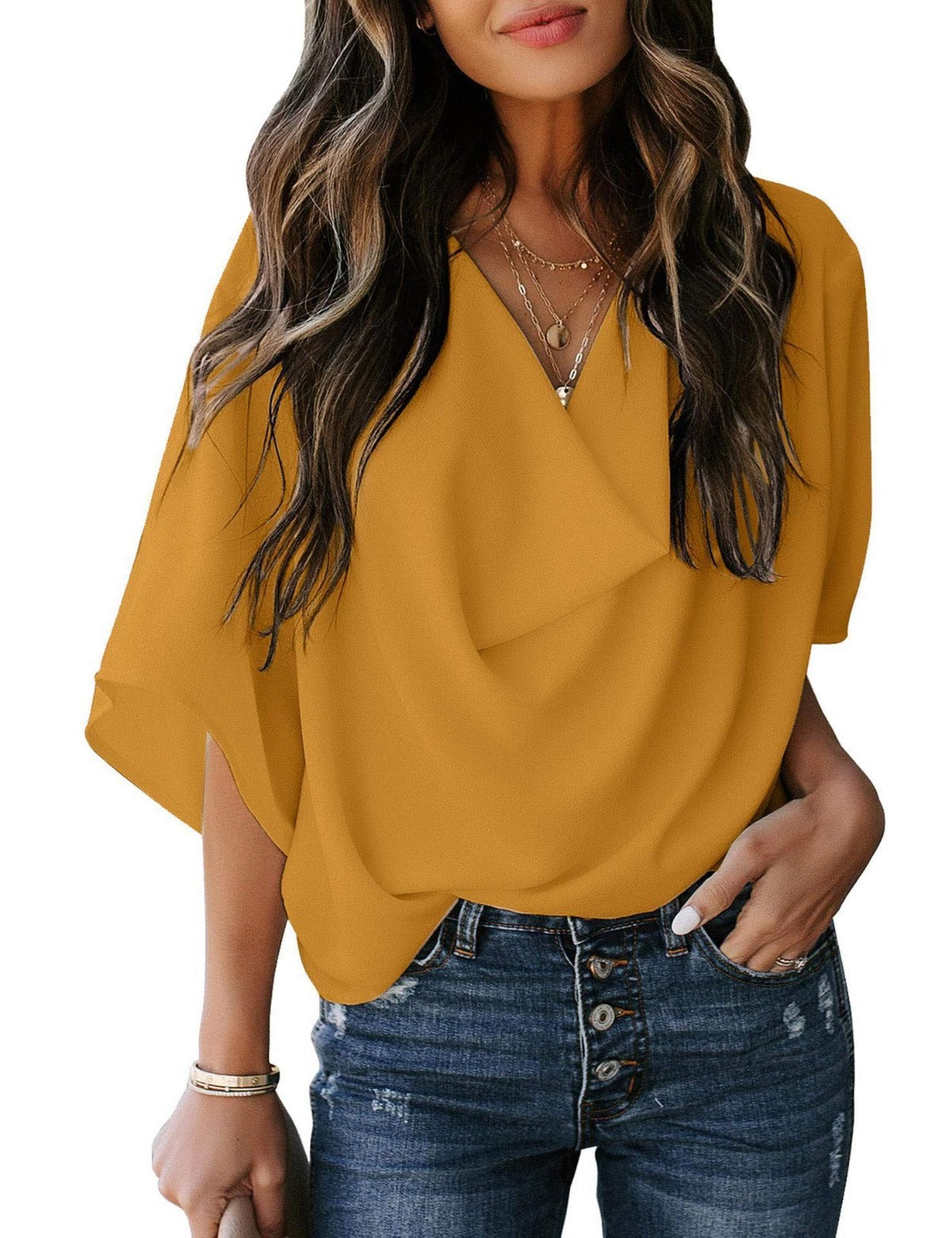 Out-Shine | Chiffon shirt with V neckline