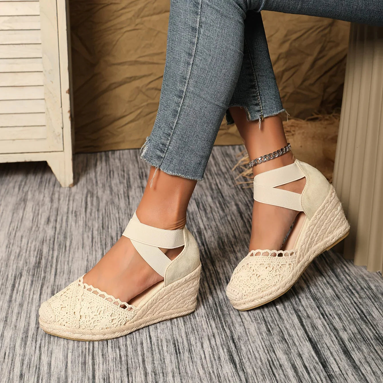 Out-Shine | Elegant Wedge Sandals With Crochet Lace
