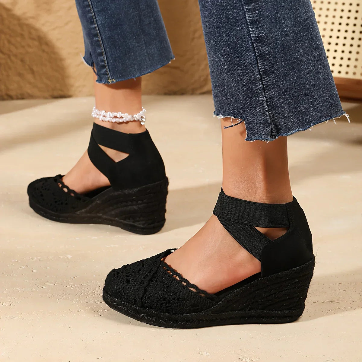Out-Shine | Elegant Wedge Sandals With Crochet Lace