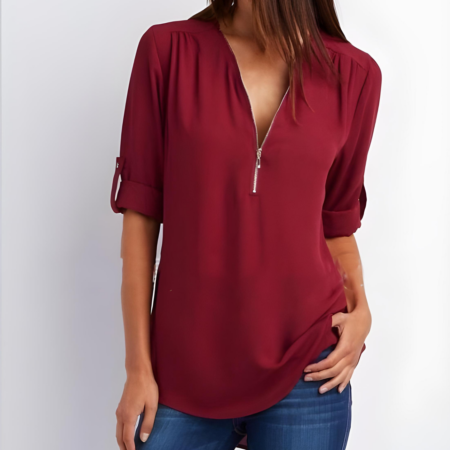 Deslumbra | Blusa elegante con cremallera y cuello en V 