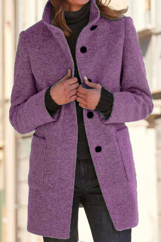 Out-Shine | Solid Color Button Stand Collar Wool Jacket