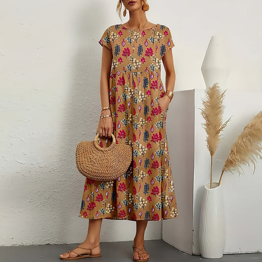 Out-Shine | Short-sleeved, Loose Cotton Linen Midik Dress with Round Neckline