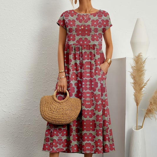 Out-Shine | Short-sleeved, Loose Cotton Linen Midik Dress with Round Neckline