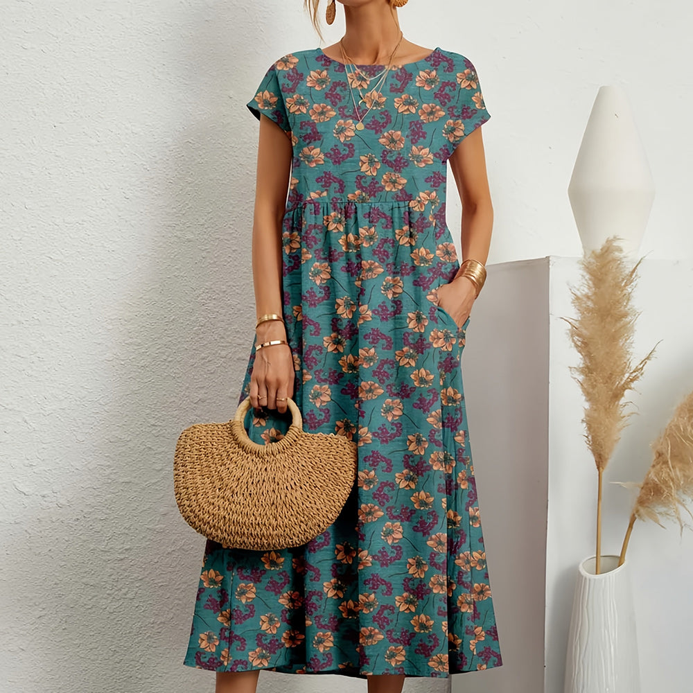 Out-Shine | Short-sleeved, Loose Cotton Linen Midik Dress with Round Neckline