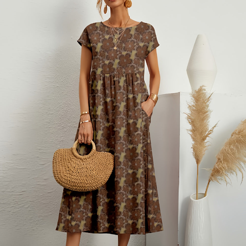 Out-Shine | Short-sleeved, Loose Cotton Linen Midik Dress with Round Neckline