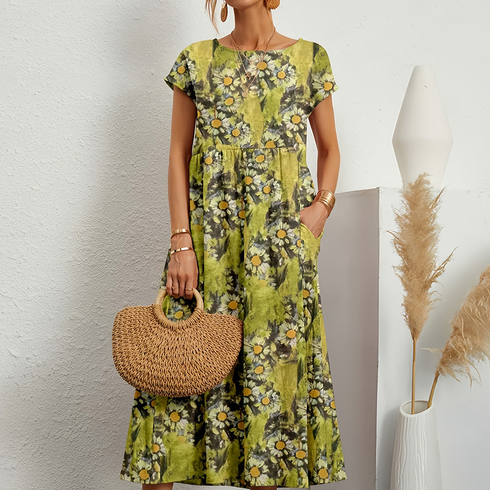 Out-Shine | Short-sleeved, Loose Cotton Linen Midik Dress with Round Neckline